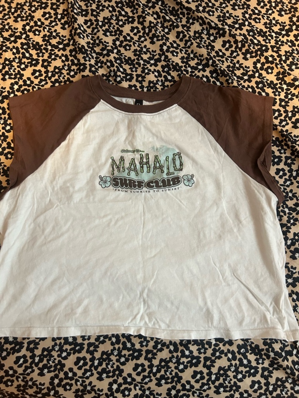 H&M White & Brown Mahalo Surf Club Raglan Tee Shirt